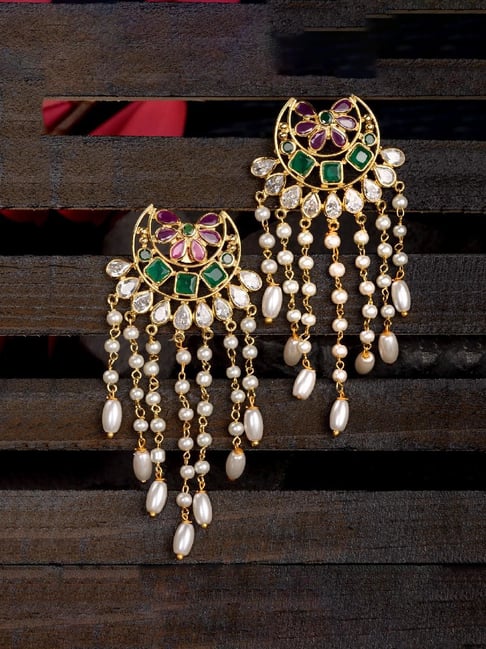 Saraf RS Jewellery Gold Red & Green AD Studded Pearls Earrings-picture-14