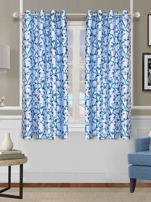 Romee Blue Polyester Floral Curtains and Sheers