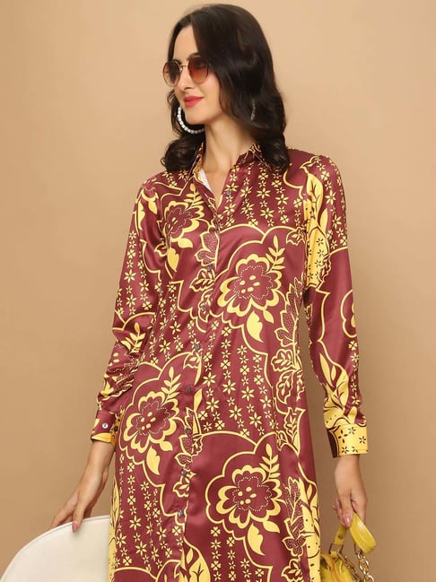 Indian Needle Brown Printed Shirt Dress