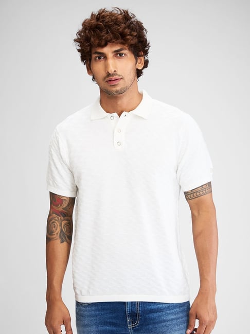 Spykar White Slim Fit Self Pattern Sweater