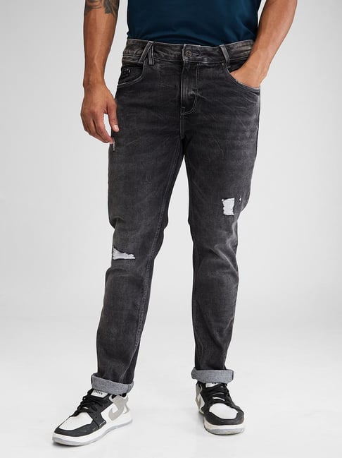 Spykar Black Slim Fit Distressed Jeans