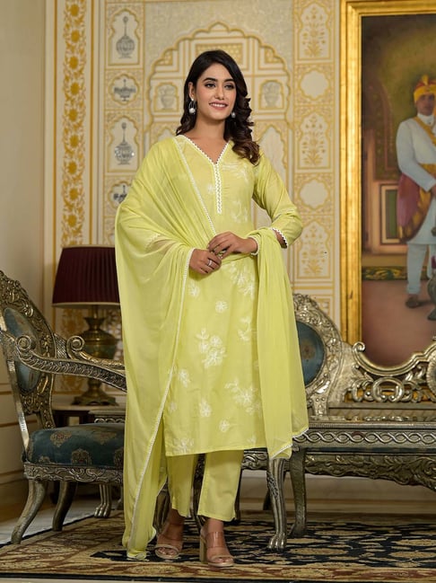 Varanga Lime Green Embroidered Kurta With Pant & Dupatta
