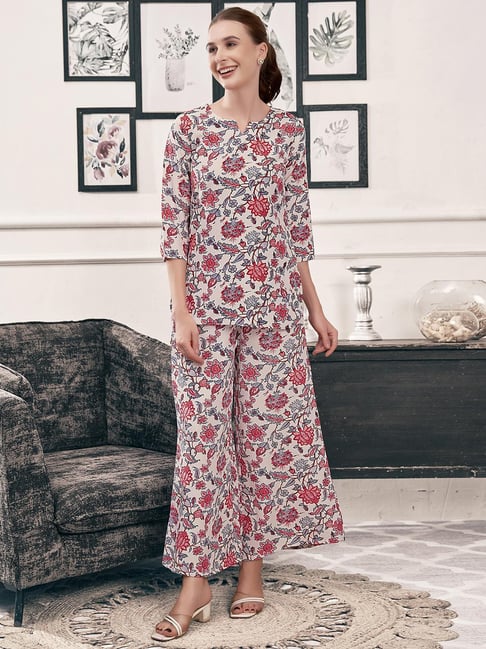 SELVIA Cream & Red Floral Print Co-Ord Set
