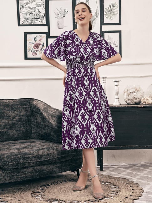 SELVIA Purple White Printed Fit Flare Dress