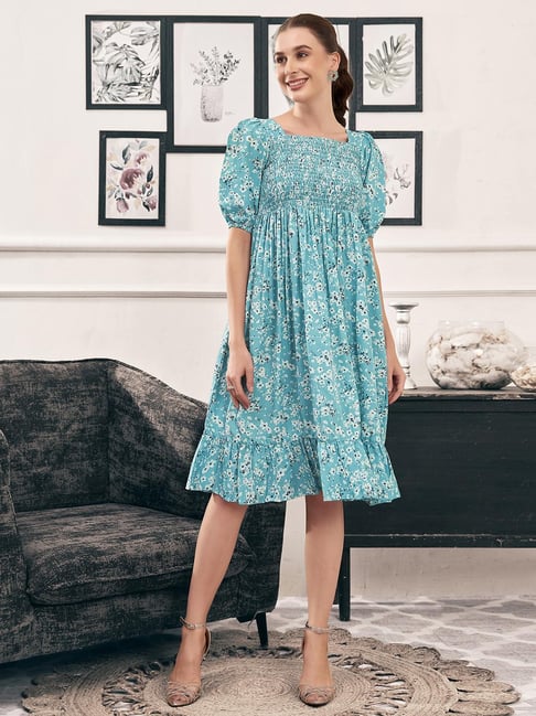 SELVIA Blue White Floral Print Fit Flare Dress