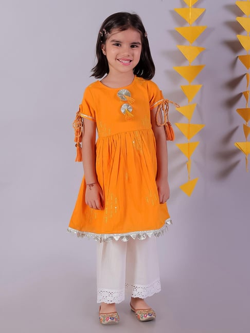 Lil Drama Janmashtami Girls Orange Cotton Kurta and White