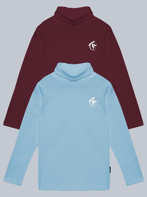 Kiddopanti Unisex Wine & Light Blue Solid Full Sleeves T-Shirt (Pack Of 2)-picture-12