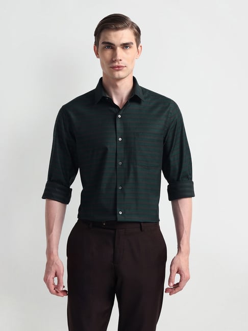Arrow Green Cotton Regular fit Stripes Shirt-image-41
