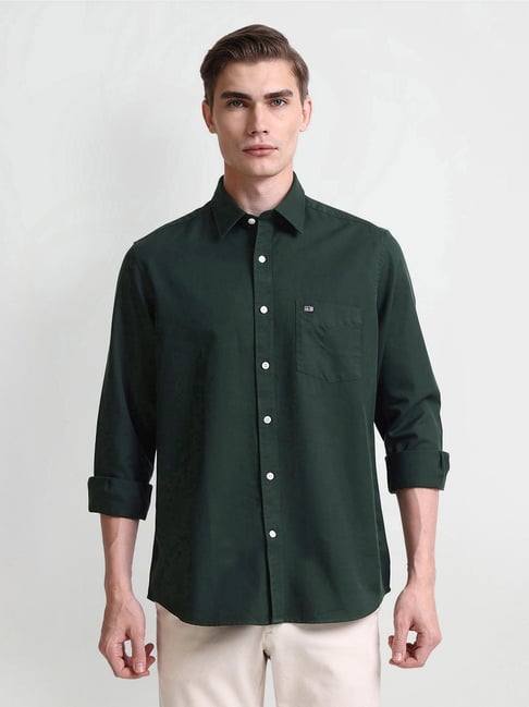 Arrow Green Cotton Regular fit Stripes Shirt-image-40