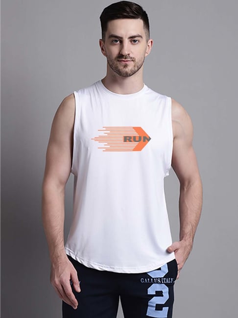 Friskers White Regular Fit Graphic Sports Vest