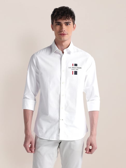 U.S. Polo Assn. White Cotton Regular Fit Printed Shirt