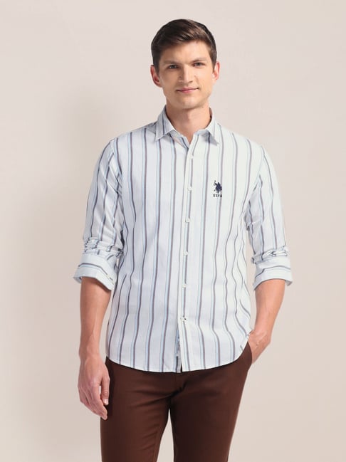 U.S. Polo Assn. White Cotton Regular Fit Striped Shirt