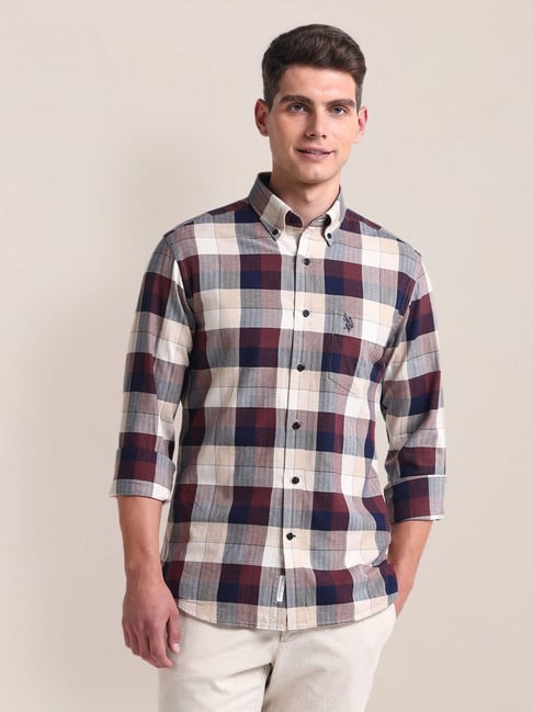 Polo Red Cotton Regular Fit Checks Shirt