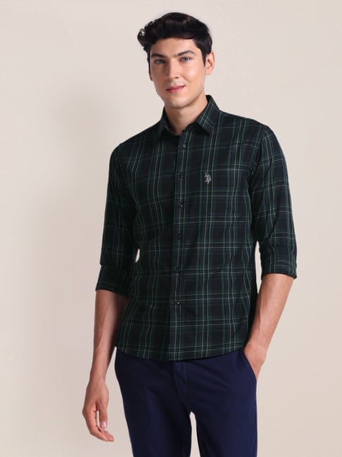 Polo Green Regular Fit Checks Shirt