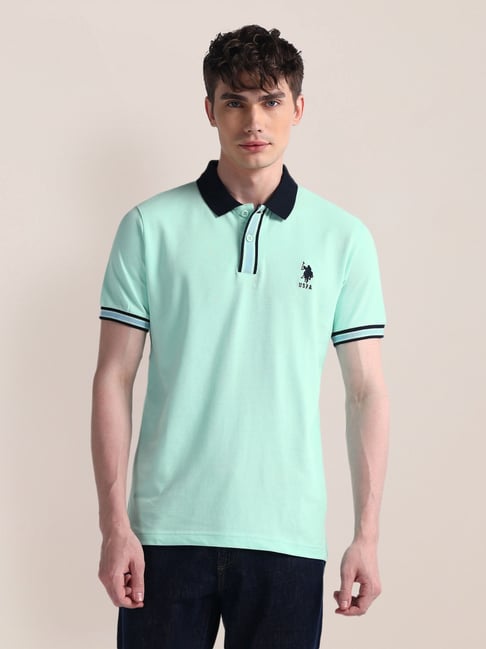 Polo Sea Green Cotton Slim Fit Polo T-Shirt