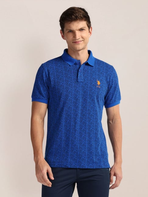 Polo Blue Cotton Slim Fit Printed Polo T-Shirt