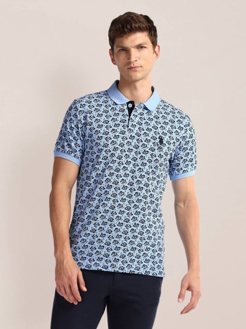 Polo Blue Black Cotton Slim Fit Printed Polo T-Shirt