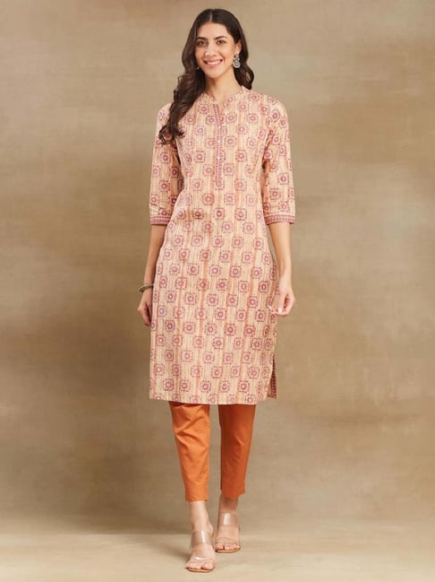 Fabindia Pink Cotton Printed Straight Kurta-picture-26