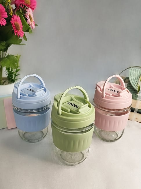 ALLO Blue Glass Tumbler 2-in-1 Lid Leakproof Glass Coffee Mug Shaker 350ml