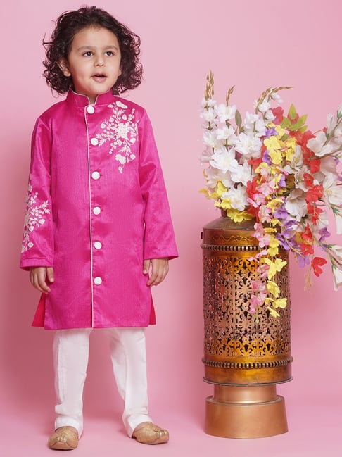 Little Bansi Boys Pink & White Embroidered Full Sleeves Sherwani with Pyjamas-picture-14