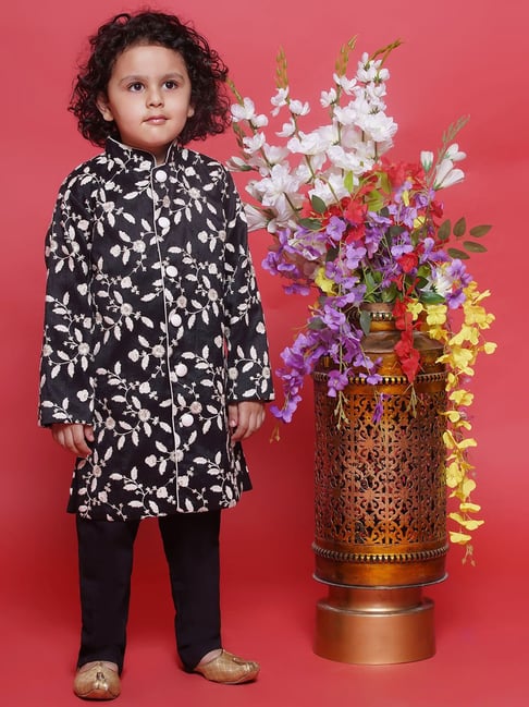 Little Bansi Boys Black Embroidered Full Sleeves Sherwani with Pyjamas-picture-39