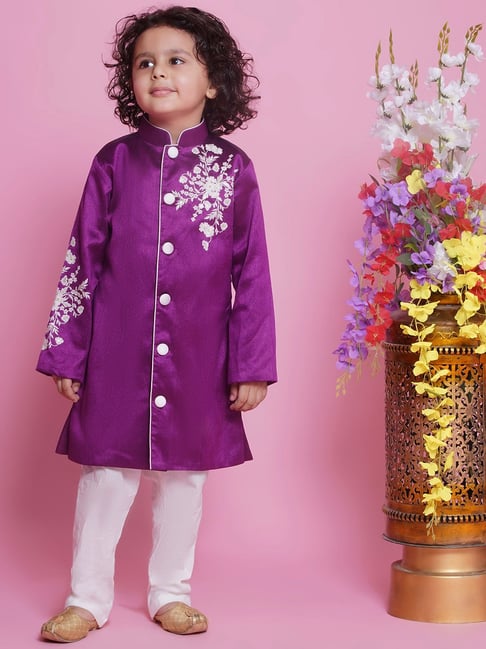 Little Bansi Boys Purple & White Embroidered Full Sleeves Sherwani with Pyjamas-picture-43