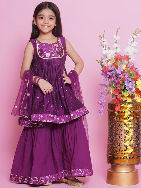 Little Bansi Girls Purple Embroidered Kurta, Sharara with Dupatta-image-22