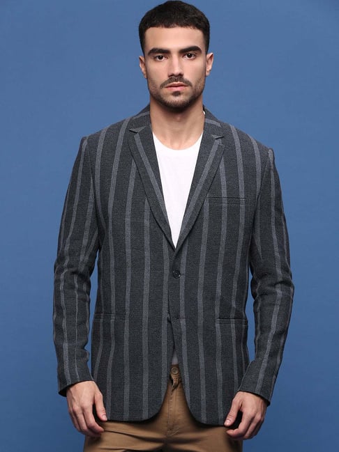 SHOWOFFFF Charcoal Cotton Slim Fit Striped Blazer