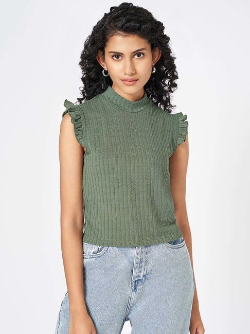 Buy People by Pantaloons Green Self Pattern Top for Women Online