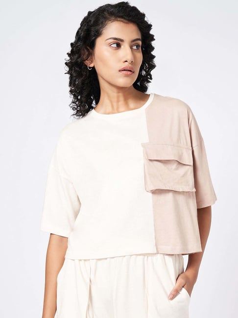 Ajile by Pantaloons White & Pink Cotton Color-Block T-Shirt-picture-32