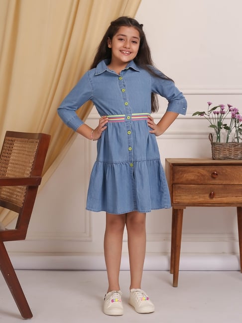 Budding Bees Girls Blue Solid Shirt Dress