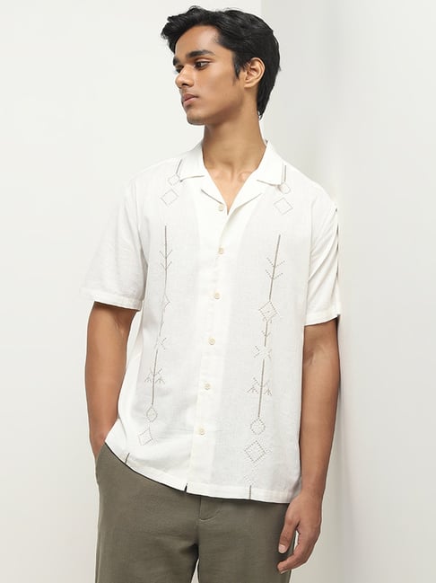 ETA by Westside White Embroidered Relaxed-Fit Cotton Blend Shirt