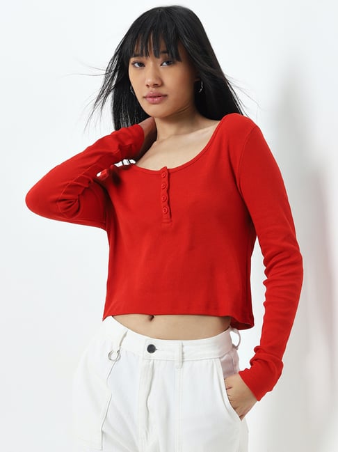 Nuon by Westside Red Ribbed Textured Cotton Blend Top