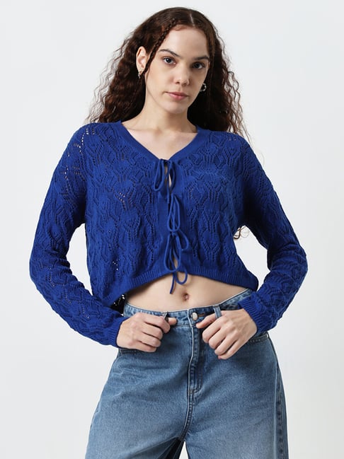 Nuon by Westside Dark Blue Knit-Textured Cotton Top