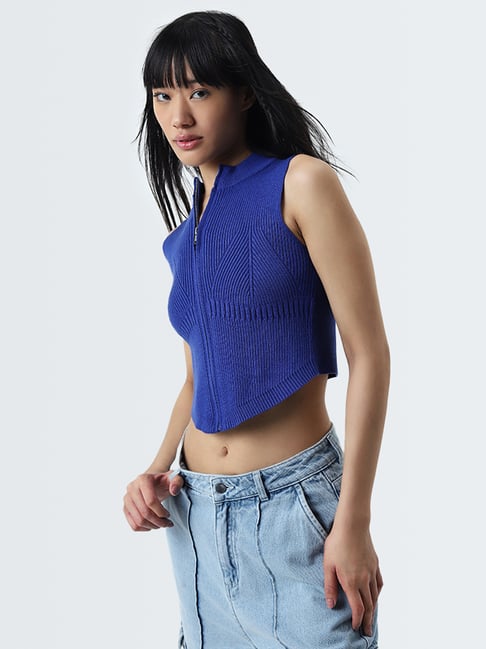 Nuon by Westside Blue Argyle Design Cotton Cropped Top
