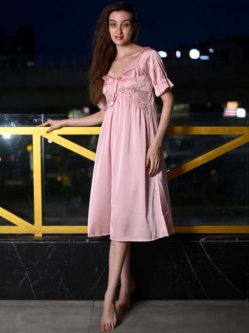 pink lace night dress Curvy Mesh & Cup Babydoll Nightdress with G-String while the gathered waist creates a feminine silhouette Date Night Dresses Mini Lace