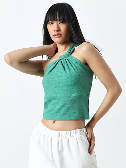 Nuon by Westside Green Self-Textured One-Shoulder Top