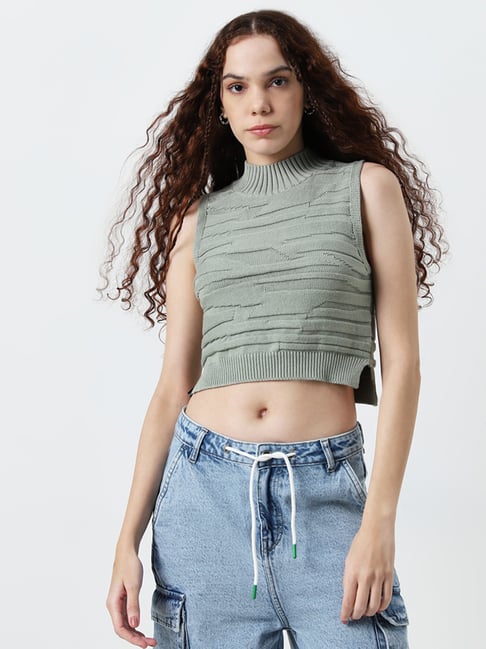 Nuon by Westside Sage Self-Patterned Cotton Crop Top