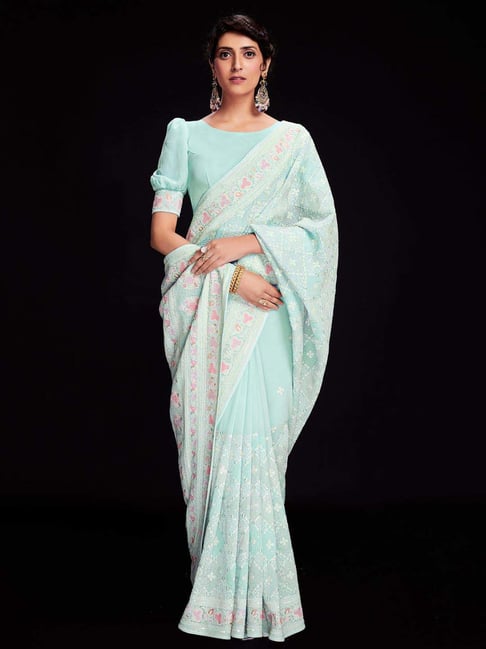 Odette Blue Embellished Saree With Unstitched Blouse-picture-34