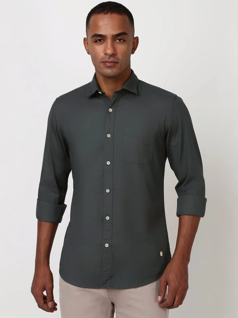 Peter England Grey Cotton Slim Fit Texture Shirt