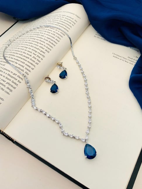Buy Abdesigns Silver-Plated Blue American Diamond Necklace Set