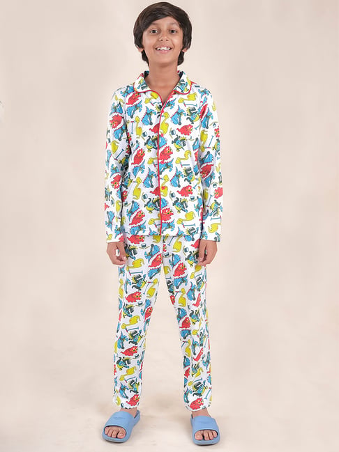 Kiddopanti Boys White Printed Full Sleeves Shirt with Pajamas