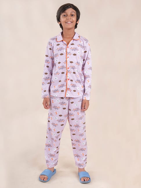 Kiddopanti Boys Light Mauve Printed Full Sleeves Shirt with Pajamas