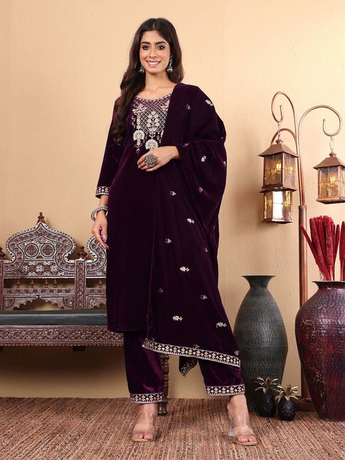 Varanga Purple Embroidered Kurta & Pant Set With Dupatta