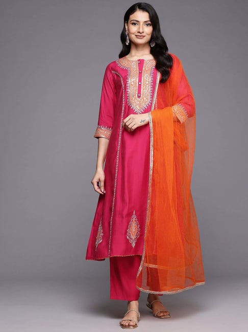 Varanga Pink Embroidered Kurta & Palazzo Set With Dupatta