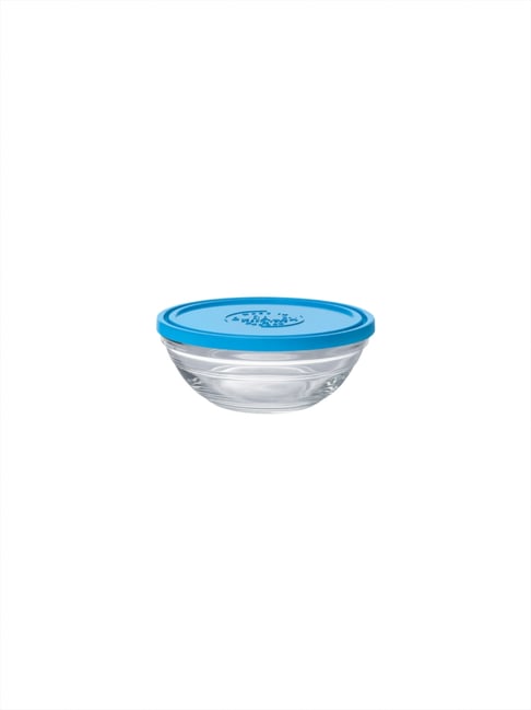 Duralex FreshBox Transparent Tempered Glass Round Bowl with Blue Lid - 500 ml