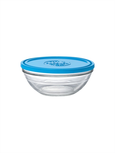 Duralex FreshBox Transparent Tempered Glass Round Bowl with Blue Lid - 2.40 L
