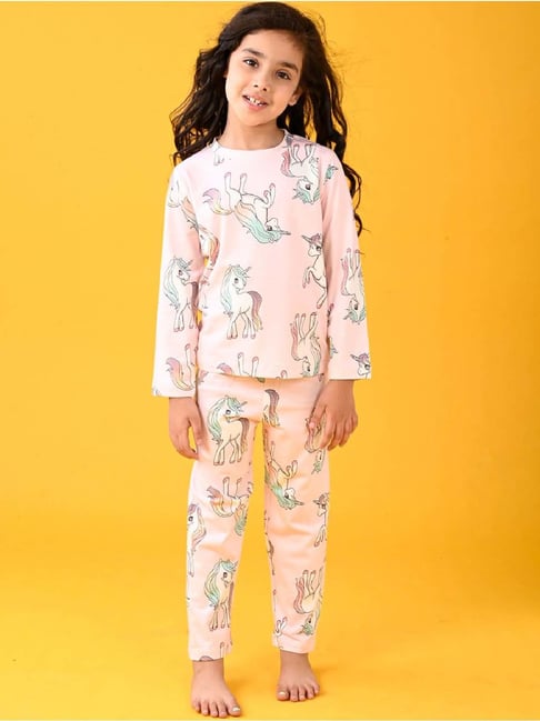 Anthrilo Girls Pink Printed Full Sleeves Night Suits