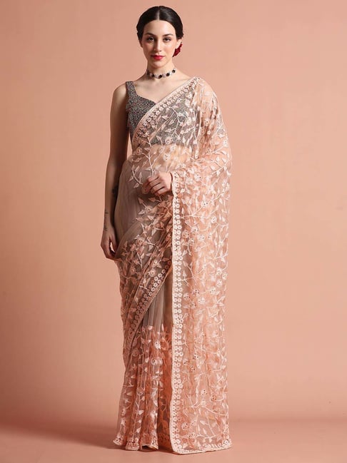 Jaipur Kurti Peach Embroidered Saree With Unstitched Blouse-picture-16