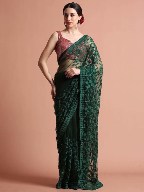 Jaipur Kurti Green Embroidered Saree With Unstitched Blouse-picture-43